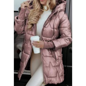 Solid Color Hooded Mid-length Cotton Coat With Three Zippers (Option: Pink-M)