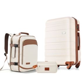 3-Piece Luggage Set  - 24in Checked Suitcase with TSA Lock Travel Duffel Bag Wet-Dry Toiletry Bag,ivory and brown (Option: Ivory)