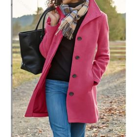 Women's Casual Tweed Coat - Solid Color Mid-Length H-Silhouette Button Front Long Sleeve (Option: Rose red-S)