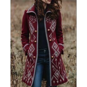 Geometric Print Casual Mid-length Wool Coat (Option: Wine Red-S)