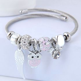 DIY Beaded Owl Angel Wings Pendant Stainless Steel Bracelet (Option: pink)