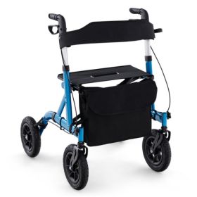 Outdoor Rolling Rollator Walker 9.5inch All-Terrain Wheels, 6-Level Adjustable 32inch-37inch, Foldable, Padded Seat, Storage Bag Umbrella Holder (Option: Blue)
