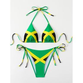 Women's Jamaica Flag Print Triangle Bikini Set, Halter Tie Top & Side Tie High Cut Bottom, 2 Piece Caribbean Swimsui (Option: M)