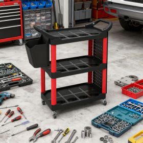 3-Tier Rolling Tool Cart, 200 LBS Capacity Plastic Utility Cart With Side Shelf And Storage Bucket, Tikt0k Sales Prohibited (Option: Black Red)