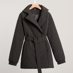 New Thickened Slimming Cinched Cotton-padded Coat Solid Color Belt Cotton Coat Jacket (Option: Black-S)