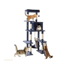 63-inch Cat Tree Tower, Large Multi-story Cat Climbing Tower, Natural Sisal Grabber Posts, Extended Platform, Hammock (Option: Dark Grey)