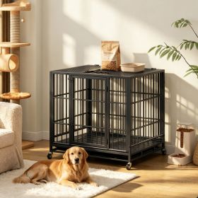 Heavy Duty Dog Crate , Mobile Pet Kennel with Lockable Wheels & Rotary Twist-Latch, Indoor Outdoor Metal Cage with Perforated Top (Option: Black)