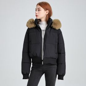 Women's Hooded Fur Collar Cotton-padded Clothes With Design Sense (Option: Black-L)