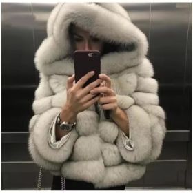 Women's Minimalist Hooded Patchwork Fur Grass Jacket (Option: Beige-M)
