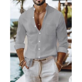 Solid-color Cotton-linen Shirt, Mandarin-collar Cardigan, Long-sleeve Business-casual Shirt (Option: Gray-S)