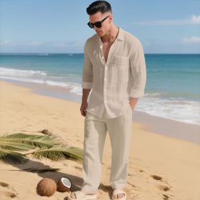 Beach Leisure Loose Collar Shirt Long Sleeve Pants Set (Option: Light Khaki-S)