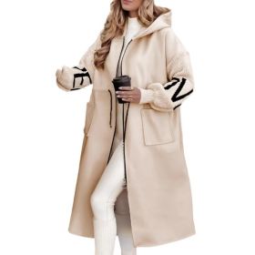Hooded Windbreaker Long Jacket With Pockets And Drawstring Design Solid Color Knit-Sleeved Trench Coat For Women Clothing Fall Winter (Option: Apricot-M)