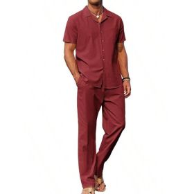 American-style Vintage Short-sleeve Shirt And Casual Trousers Two-piece Set (Option: Red-S)