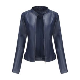 Thin Large Size Leather Clothing With Stand Collar Slim-fit Jacket (Option: Dark Blue-S)