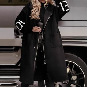 Hooded Windbreaker Long Jacket With Pockets And Drawstring Design Solid Color Knit-Sleeved Trench Coat For Women Clothing Fall Winter (Option: Black-M)