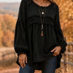 Casual Patchwork Tassel Fringe Crew-Neck T-Shirt Top (Option: Black-M)