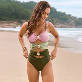 Solid Color Stitching Metal Buckle Swimsuit (Option: 3 Colors-M)