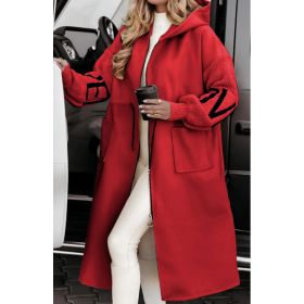 Hooded Windbreaker Long Jacket With Pockets And Drawstring Design Solid Color Knit-Sleeved Trench Coat For Women Clothing Fall Winter (Option: Red-XXXL)