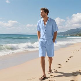Linen Leisure Breathable Short Sleeve Shirt Beach Suit (Option: Light Blue-XXL)