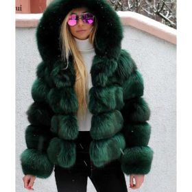 Women's Minimalist Hooded Patchwork Fur Grass Jacket (Option: Dark Green-XXL)