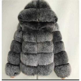 Women's Minimalist Hooded Patchwork Fur Grass Jacket (Option: Silver fox-XL)