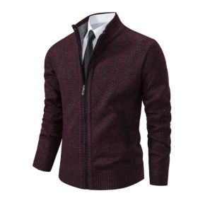 Men's Solid Color Stand Collar Cardigan Sweaters Coat (Option: Wine Red-XXXXL)