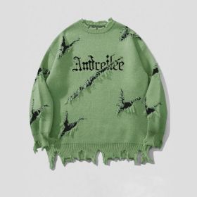 New Personality Street Jacquard Ripped Frayed Vintage Loose Sweater (Option: Green-XXL)