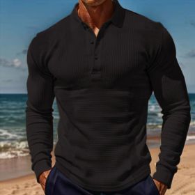 Lapel Button Long Sleeve Vacation Casual T-shirt (Option: Black2-XL)