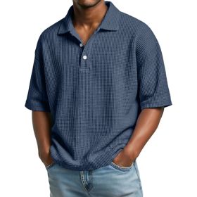 Men's Summer Basic Style Waffle Pattern Button Collar POLO Shirt Short Sleeve New Top (Option: Dark Blue-L)