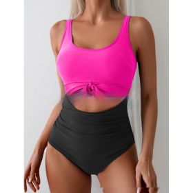 One-piece Female Stitching Contrast Color Strap Covered Belly Swimsuit (Option: Rose red Black-XXL)