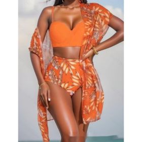 Women's Maple Leaf Printed High Waist Mesh Bikini Suit (Option: Orange 2-XL)