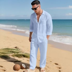 Beach Leisure Loose Collar Shirt Long Sleeve Pants Set (Option: Light Blue-M)