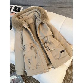 Fur Collar Fashionable All-matching Jacket Hooded Warm Cotton-padded Coat (Option: Khaki-L)