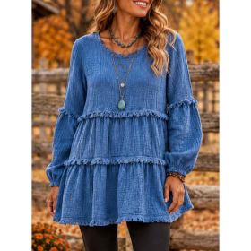 Womens Casual Top With Long Sleeves And Panel Design (Option: Blue-M)