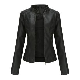 Thin Large Size Leather Clothing With Stand Collar Slim-fit Jacket (Option: Black-S)