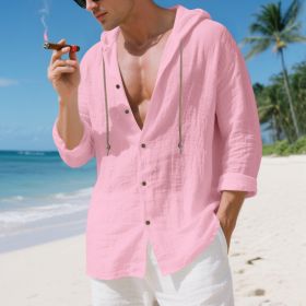 Mens Linen Hooded Long-Sleeve Casual Cardigan Shirt (Option: Pink-S)