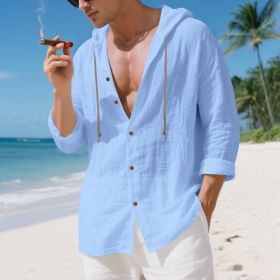 Mens Linen Hooded Long-Sleeve Casual Cardigan Shirt (Option: Light Blue-M)