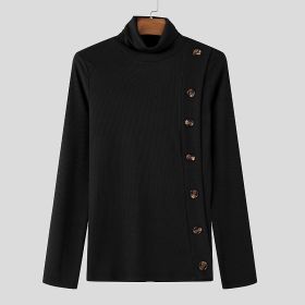 European And American Men Casual Sweater Turtleneck Buttons Solid Color Long Sleeve (Option: Black-L)