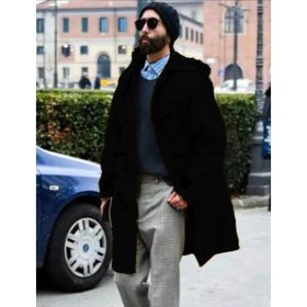 Retro Horn Button Hooded Woolen Trench Coat Men (Option: Black-M)