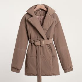 New Thickened Slimming Cinched Cotton-padded Coat Solid Color Belt Cotton Coat Jacket (Option: Brown-M)