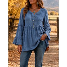 Lace-trimmed Loose-fit Shirt With Tassel Patchwork Top (Option: Blue-M)