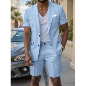 Mens Solid-Colored Gentleman Short-Sleeve Two-Piece Suit (Option: Blue-M)