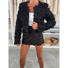 Womens Fashion Solid-color Long-sleeve Cropped Jacket Coat (Option: Black-S)