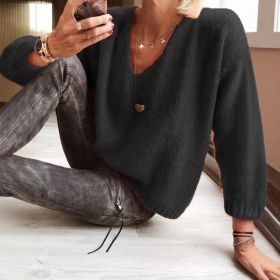 Womens Relaxed-fit Casual V-neck Drop-shoulder Sweater (Option: Black-M)