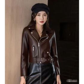 Women's Fashionable Leather Jacket Slim-Fit Coat (Option: Brown-L)