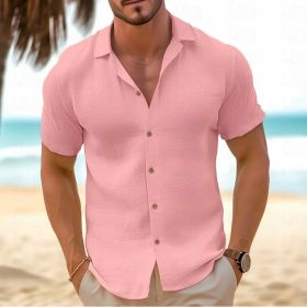 Men's Short-Sleeved Button-Down Shirt Summer Slim-Fit Lapel Shirts Casual Beachwear Clothing (Option: Pink-S)