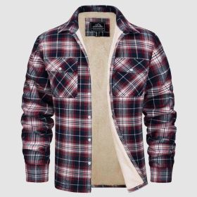 Fleece Lined Men's Jacket Long Sleeve Lapel Plaid (Option: Wine Red Grid-L)