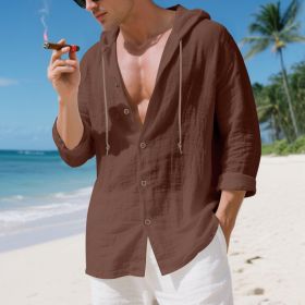 Mens Linen Hooded Long-Sleeve Casual Cardigan Shirt (Option: Brown-S)