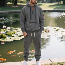Men's Loose Sports And Leisure Suit Sweater Fleece-lined Hoodie Set Zipper Multi-Pocket Pullover Men's Sports Casual Top Two-piece Set (Option: Dark Gray-M)