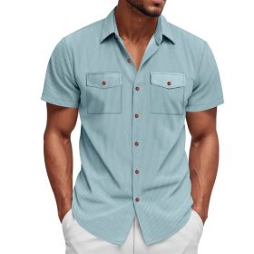 Loose Heavy Lapel Corduroy Workwear Short Sleeve Shirt (Option: Light Blue-M)